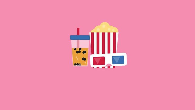 Movie Theater Popcorn Boba Tea And 3D Glasses Flat Vector Animation Design For Cinema Concept Promotion And Fun Entertainment Industry Visuals