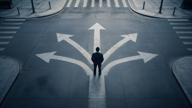 Businessman At Urban Street Crossroads Making Strategic Choice