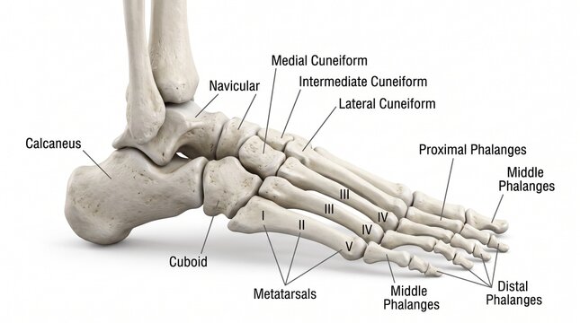 3D render of human foot skeleton anatomy with labels identifying bones including calcaneus metatarsals and phalanges on white background