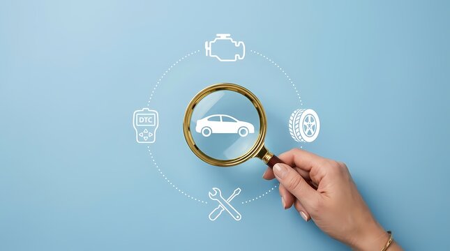 Hand holding magnifying glass over car icon with automotive service symbols