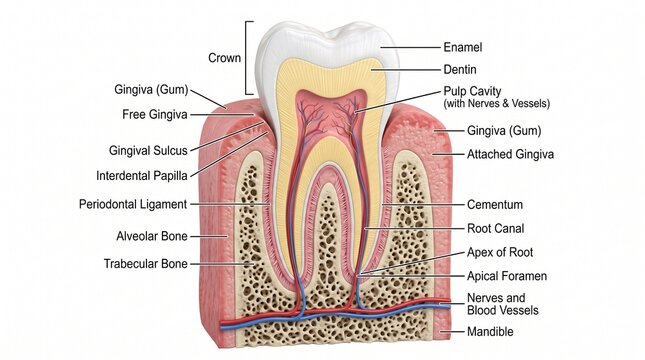 Anatomical 3D render of a human tooth cross section showing enamel dentin pulp cavity and gum structure with labels on white background