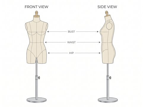 Dressmaker mannequin showing bust waist and hip measurements in vector