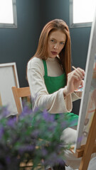 Woman painter in green apron paints canvas with brush, hand on easel, seated in bright art studio  concentration. © Krakenimages.com