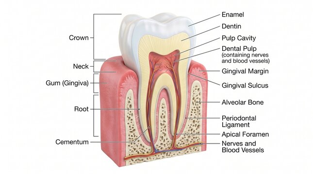 High detail 3D render of human molar tooth anatomy cross section showing crown root and gum structure with descriptive labels on white background