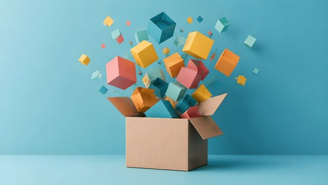 Cardboard Box Exploding With Colorful Paper Cubes Creativity Concept