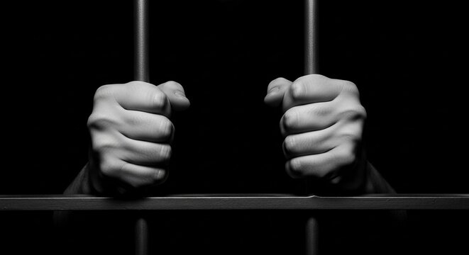 Man's Hands Gripping Prison Bars in Black and White Monochromatic Image