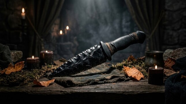 Black ritual dagger on rustic table with candles.