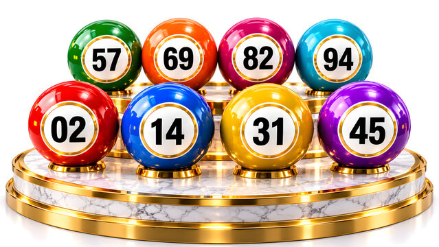 Eight colorful pool balls numbered 02, 14, 31, 45, 57, 69, 82, 94 arranged on gold rack with marble base