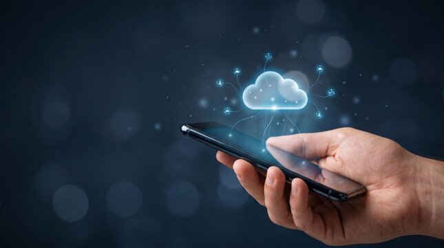 Close up of a hand holding a modern smartphone with a glowing digital cloud computing icon and data connection network nodes, symbolizing enhanced high speed wireless storage and global connectivity