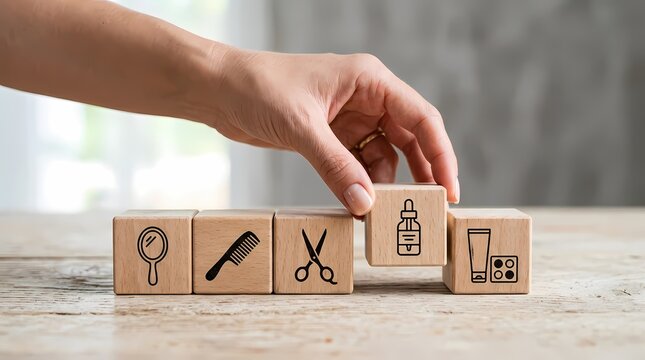 Hand placing a wooden block with a beauty serum icon