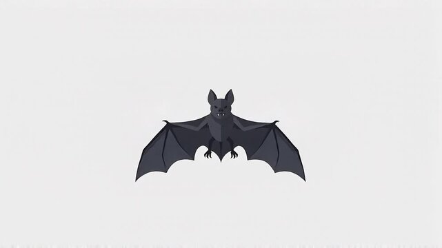 A dark bat animation in flight with wings spread wide on a plain white background