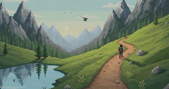 Pixel art hiking trail leading through green mountain valley.