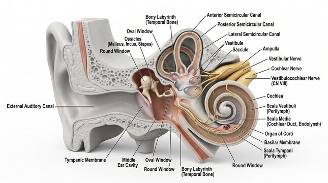 3D Render of Human Ear Anatomy Cross Section showing the Bony Labyrinth External Canal and Organ of Corti