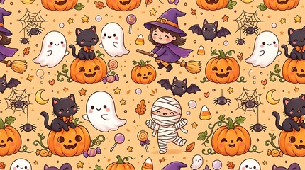 Fototapeta premium Cute Halloween seamless pattern with pumpkins, ghosts, black cats, little witch, mummy, bats, and spiders 