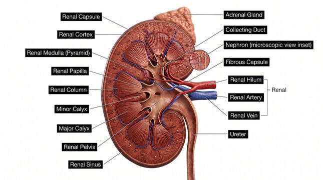 3D medical render of human kidney anatomy showing cross section with labeled renal cortex medulla and adrenal gland on white background