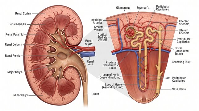 Anatomical 3D medical render of human kidney and nephron showing detailed filtration system components and renal structures on white background