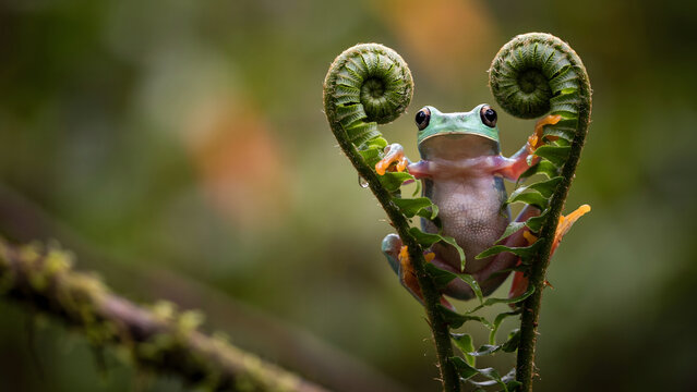 A small green and pink tree frog perched on a curled fern frond in a lush tropical rainforest environment with soft, natural background lighting