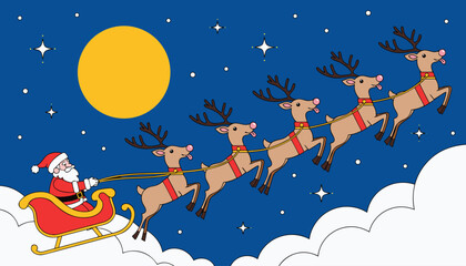 Santa Claus flying in sleigh with reindeer during night sky with moon and stars vector illustration © CreativeKamrul