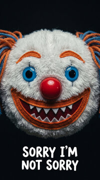 Plush clown toy with blue eyes and red nose isolated on a black background