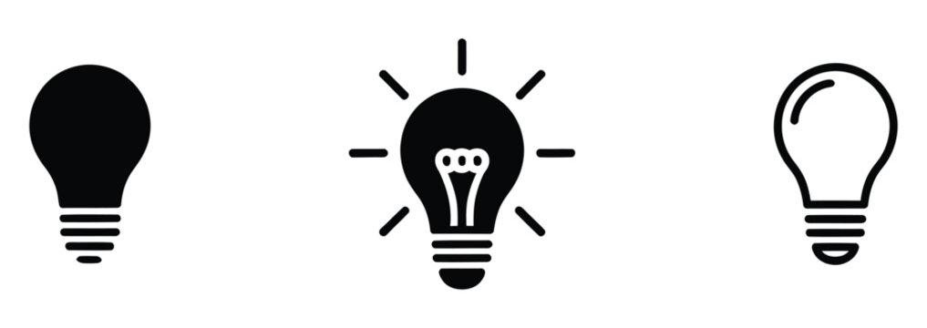Light bulb idea icon set featuring simple bulb silhouette, glowing lightbulb with rays, and outline lamp symbol for innovation concept vector illustration isolated
