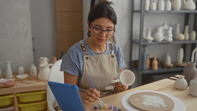 Woman painting ceramic mug, holds handle and paints with brush in studio wearing apron and using a tablet for reference; calm focus.