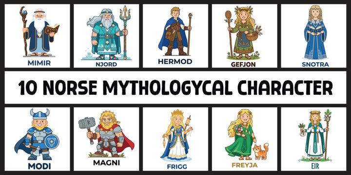  Gods & Goddesses of Asgard- 10 Norse Mythological Deities & Divine Guardians Vector Bundle.