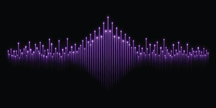 Purple digital sound wave equalizer graphic on black background with audio visualization music technology glowing lights data stream purple lines audio spectrum frequency bar electronic