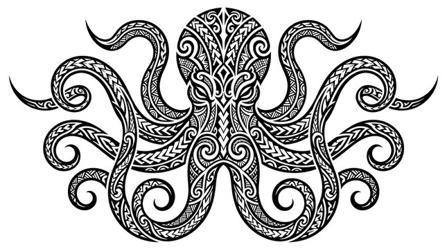 Black and white tribal octopus illustration with ornate mandala pattern tentacles isolated on white 