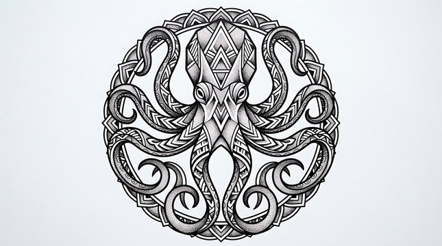 Black and white tribal octopus illustration with ornate mandala pattern tentacles isolated on white 