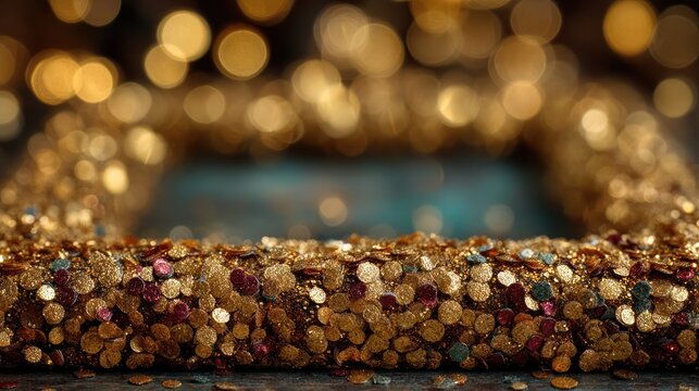 Close-up of ornate, rectangular frame shimmering with golden glitter against bokeh backdrop