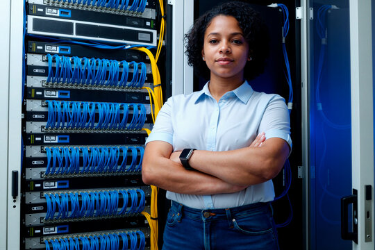Portrait of young Black woman standing with crossed arms beside server racks, representing IT leadership, network infrastructure management. For cybersecurity, data center, cloud services marketing