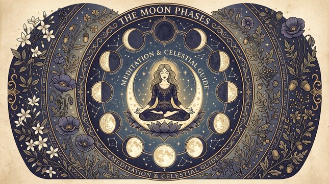 Moon Phase Cycle Yoga Meditation Vector Illustration