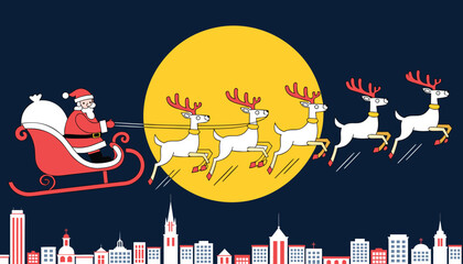 Santa Claus with reindeer pulling sleigh across moon over city skyline vector illustration © CreativeKamrul