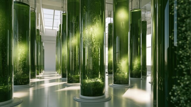 A modern microalgae photobioreactor facility, rows of tall transparent glass tubes filled with glowing bright green algae culture, bubbles rising through the liquid