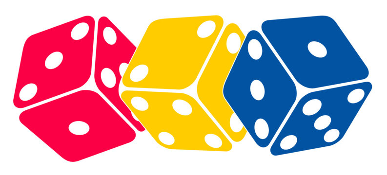 Set of three colorful game dice in red, yellow, and blue isolated on a white background.