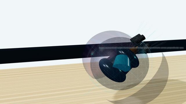 3D animation of a bowling ball with an asymmetric core rolling down a lane, demonstrating physics concepts like gyroscopic torque, axis migration, and hook trajectory before hitting the ten-pin rack