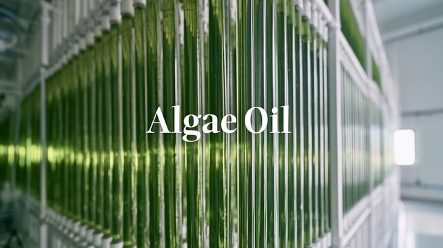 Banner photograph of a modern microalgae photobioreactor facility with rows of glowing green glass tubes, clean white industrial hall, bold elegant white text "Algae Oil" 