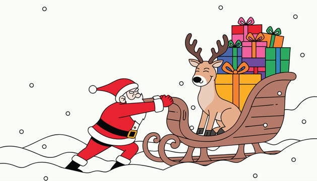 Santa pushing reindeer sleigh laden with gifts during snowfall vector illustration