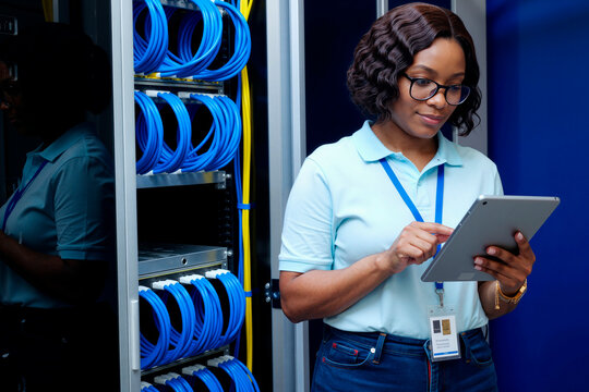 Medium shot of Black woman technician monitoring tablet beside server rack, checking network infrastructure and data systems. Ideal for IT services, cybersecurity, cloud operations marketing