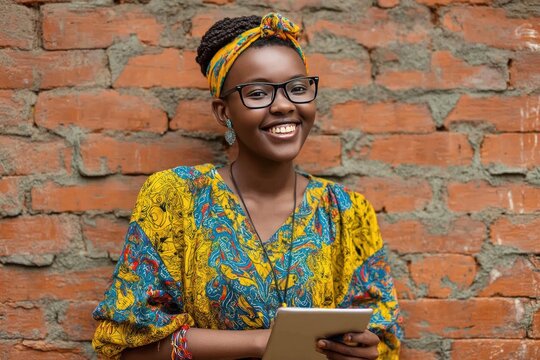 A smiling woman with glasses and a tablet stands before a brick wall