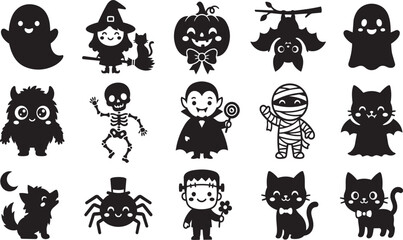 Obraz premium Cute halloween character silhouette featuring ghosts, witches, pumpkins, bats, skeletons, vampires, mummies, and cats on white background