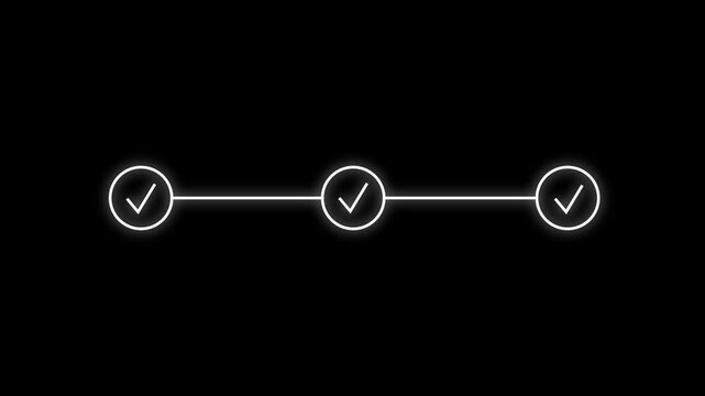 White Glowing Progress Bar Animation with Checkmarks on Black Background &ndash; 3 Step Process Bar UI Element