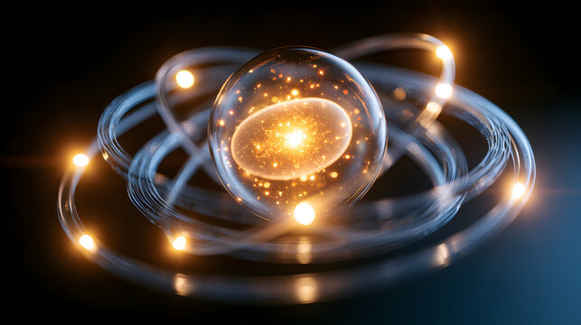 Abstract 3D render of glowing energy sphere with luminous orbital rings and sparkling particles in dark space