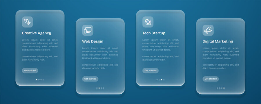 Liquid glass smartphone interface vector design featuring translucent frosted card components with blur effects on a dark blue gradient background