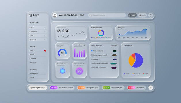 Glassmorphism dashboard user interface design with modern frosted glass panels, charts, metrics, and navigation elements on a soft blue background.