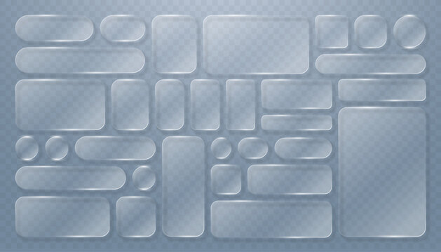 Set of frosted glass buttons and smartphone user interface vector elements with realistic transparency, glossy highlights, and smooth rounded corners.