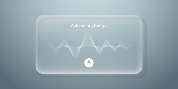 Glassmorphism smartphone interface design featuring a frosted liquid glass panel with a voice assistant sound wave graphic and a microphone icon