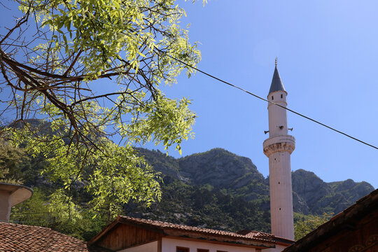 Minaret of the mosque in the city of Kruja a small town and municipality in northern central Albania 