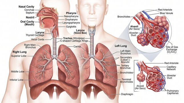 Human Respiratory System Anatomy Including Lungs, Trachea, and Alveoli