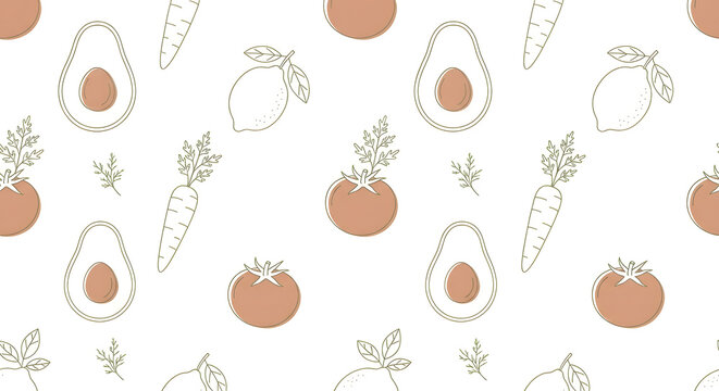 Minimalist vegetable pattern with line art illustrations, seamless organic food background, terracotta and beige hand drawn produce icons on white